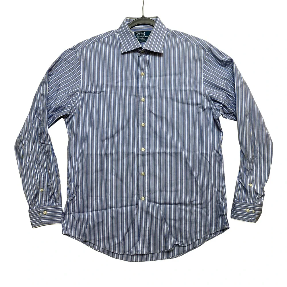 Polo Ralph Lauren Shirt Mens 16.5 Blue Regent Custom Fit Striped Button Up